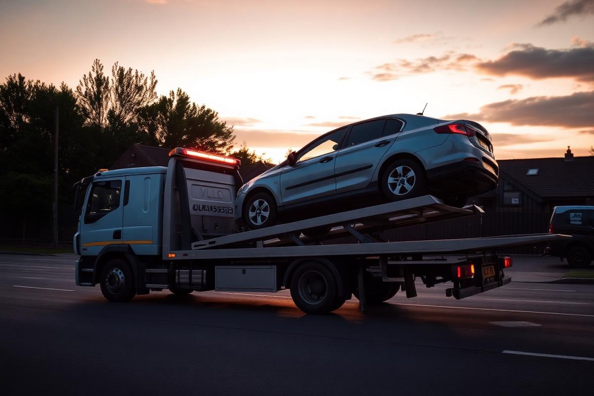 Loading vehicle onto tilt-bed recovery truck